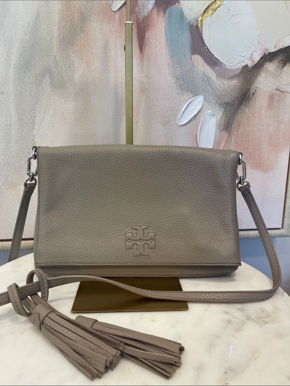 Tory Burch Foldover Pebbled Leather Crossbody in Turtle Dove (Gray)